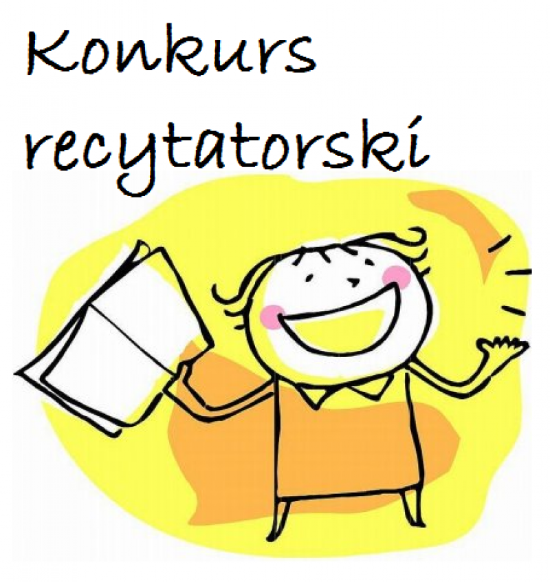 Rysunek dziecka z książeczką oraz napis Konkurs recytatorski