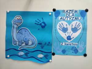 Niebieskie Plakaty - Razem dla Autyzmu i dinozaur, rybki i niebieska dłoń