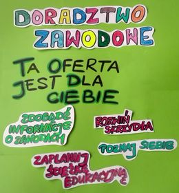 Doradztwo zawodowe zielony plakat z napisami