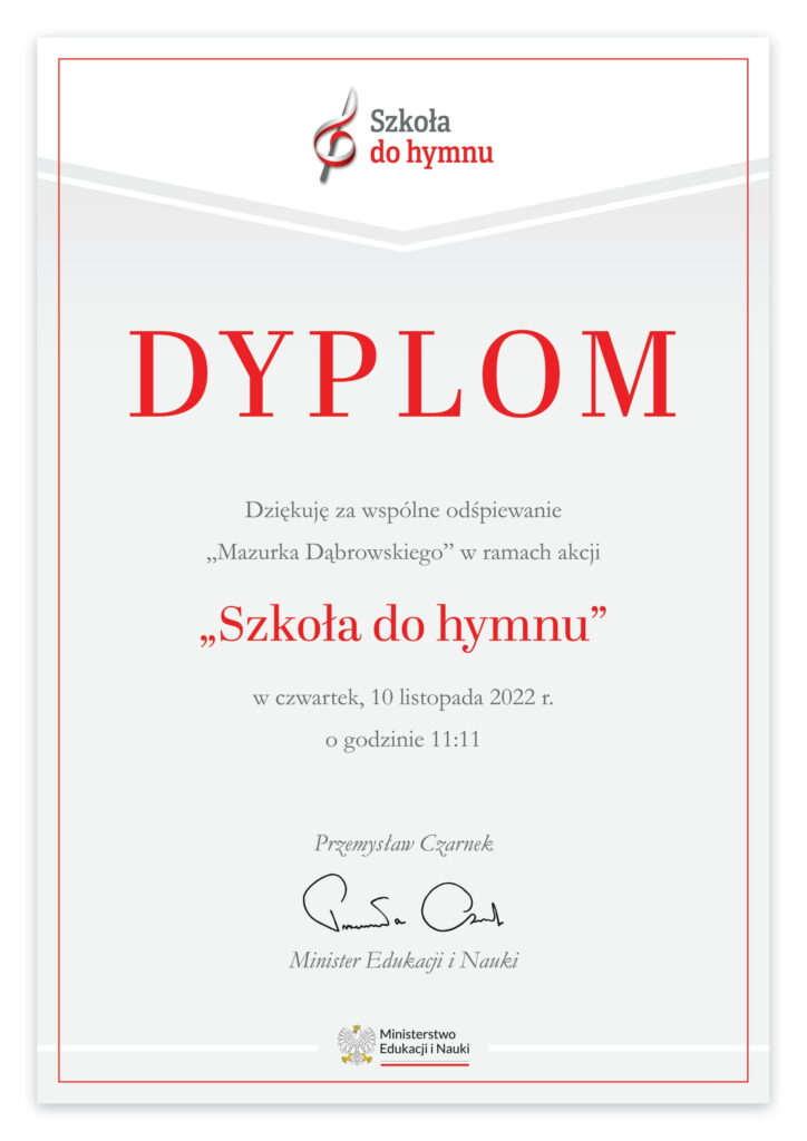Dyplom "Szkoła do Hymnu" 2022